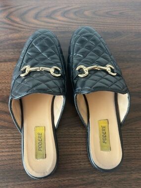 Podere Black Quilted Mule Loafers Gold Horsebit Slides Size 38